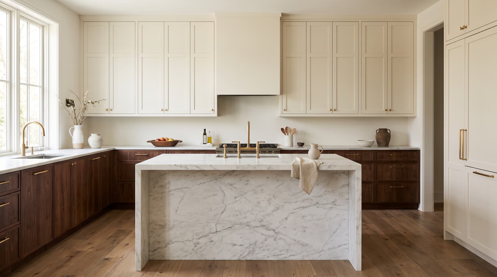 A custom kitchen with painted shaker cabinetry, a warm wood island, and honed stone counters, built by Premier Cabinets Innovations.