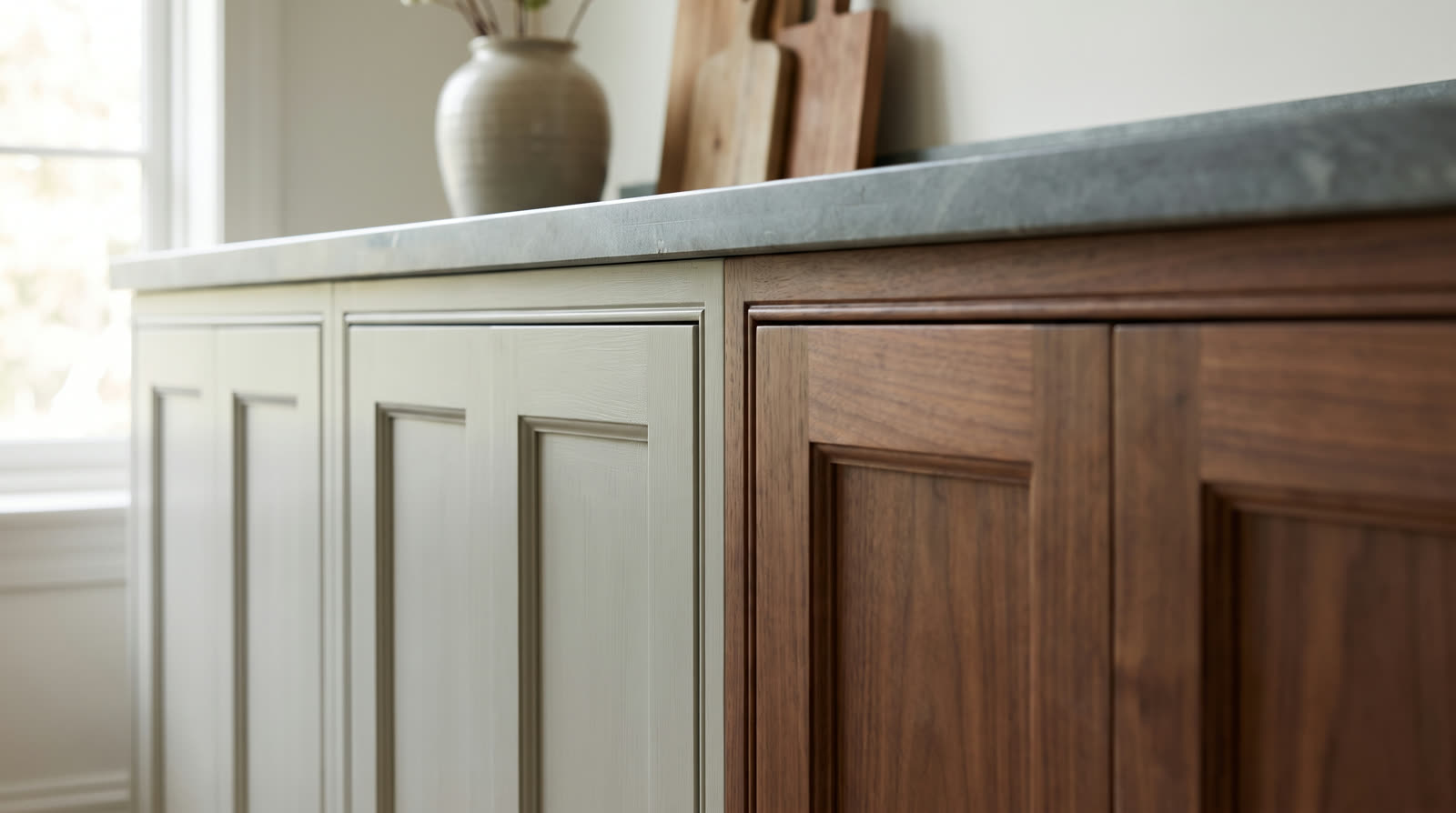 A run of painted shaker cabinetry beside warm walnut full-overlay cabinets in natural light.