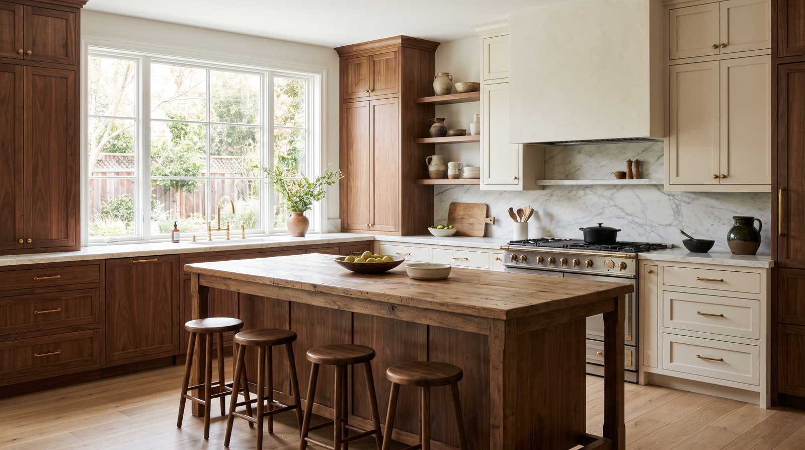 A custom Sacramento-area kitchen with warm walnut and painted shaker cabinetry, honed marble counters, and natural light.