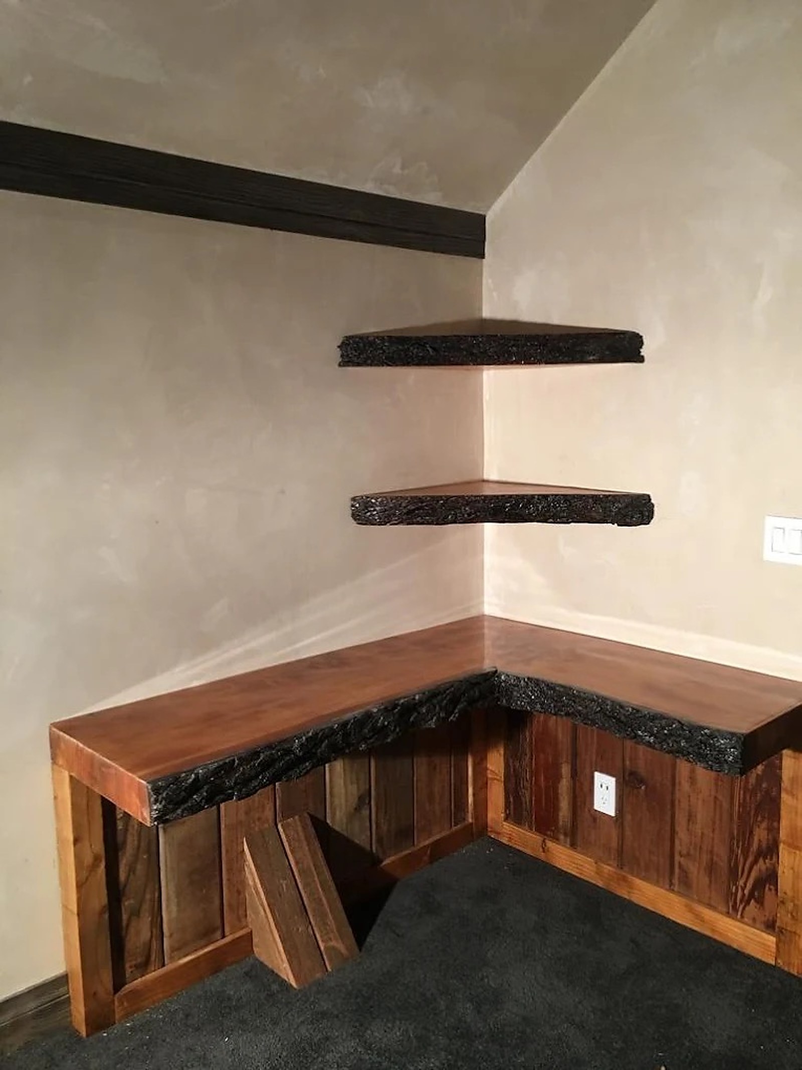 Live-edge walnut shelves and reclaimed-fir bench for Northern California home