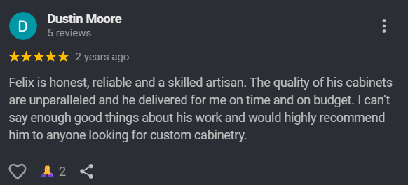 Google review for Premier Cabinets Innovations